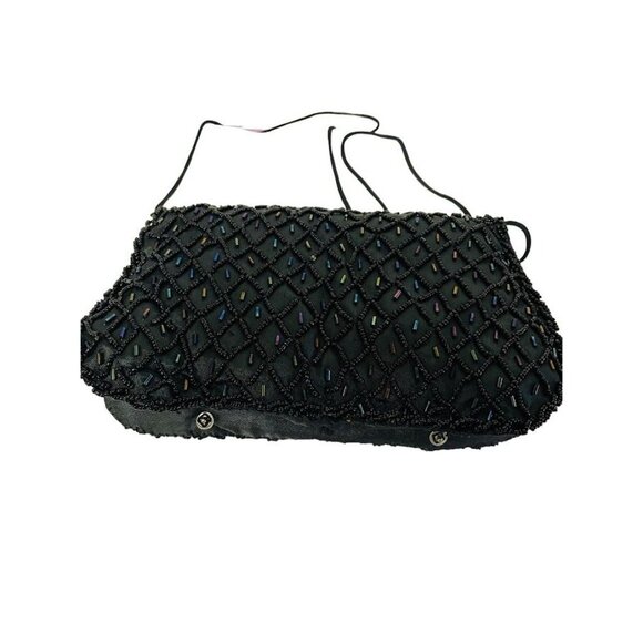 Vintage Sling Clutch Bag Black Beaded Purse Prom Evening 9" x 5" - Picture 8 of 8
